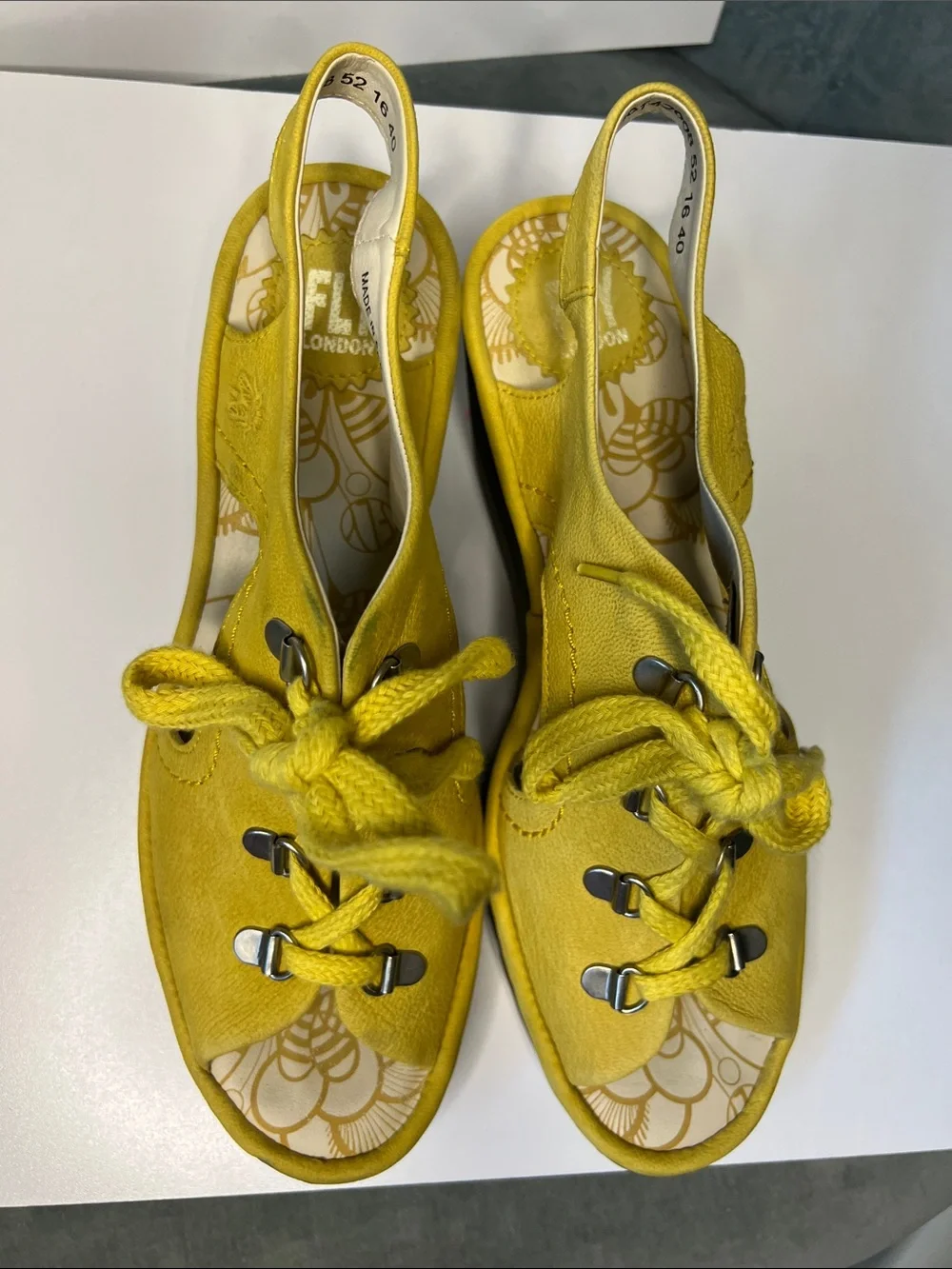 Fly London Yellow Leather Wedge Sandals Boho Lace Slingback EU 40 US 9-9.5 US